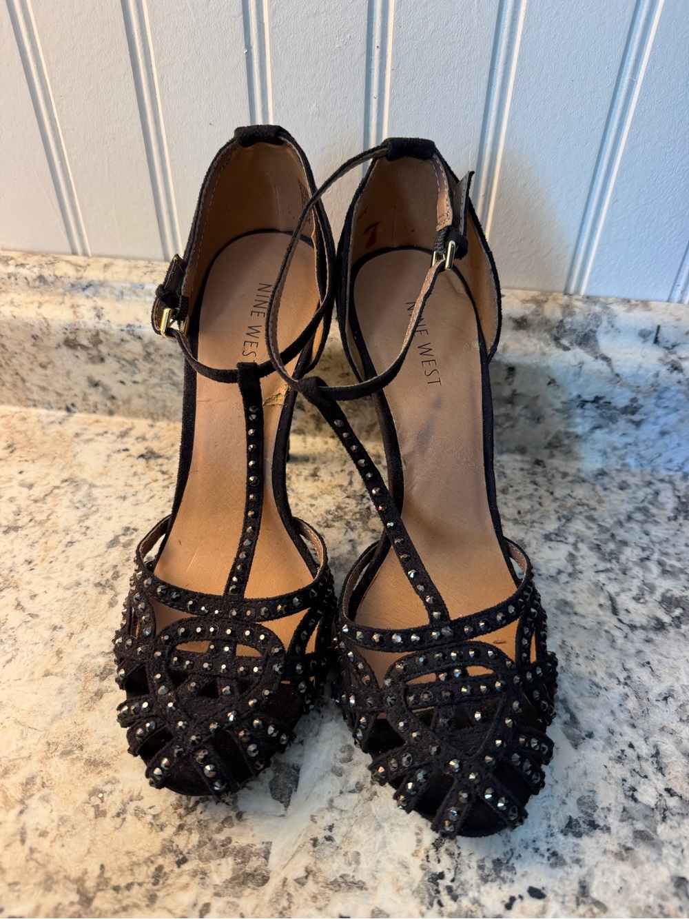 Nine West Black Studded T-Strap Vintage 1997 Y2K Heels Suede Stiletto Strappy